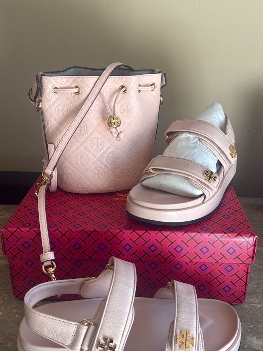 Tory Burch Blush Pink Embossed Monogram Bucket Bag and Sandals!! Great deal!!